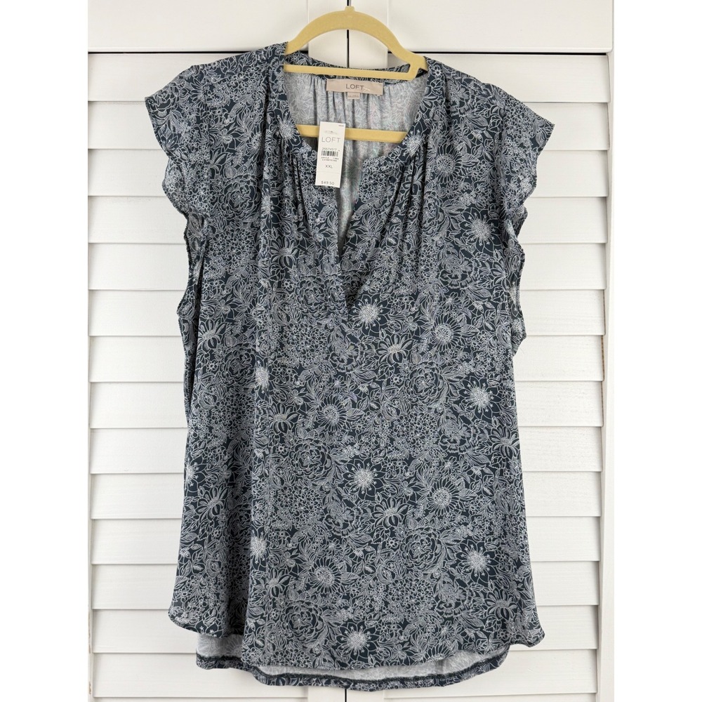 LOFT Flutter Sleeve Top XXL Navy Blue Floral V-Neck Pleated NEW